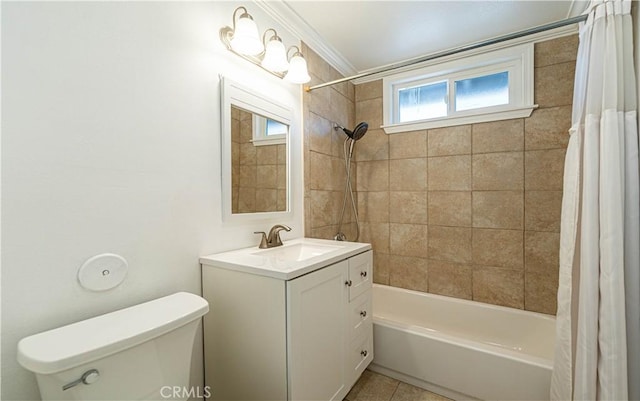 full bathroom with tile patterned floors, vanity, shower / tub combo, toilet, and ornamental molding