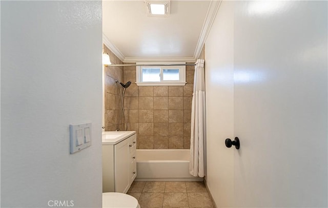 full bathroom with toilet, shower / bath combo, tile patterned floors, ornamental molding, and vanity