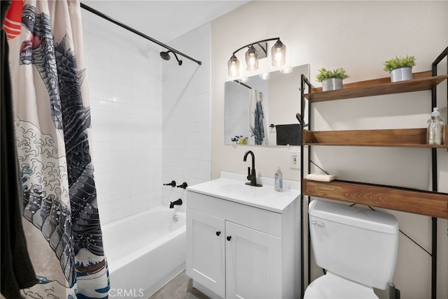 full bathroom with toilet, vanity, and shower / bath combo with shower curtain