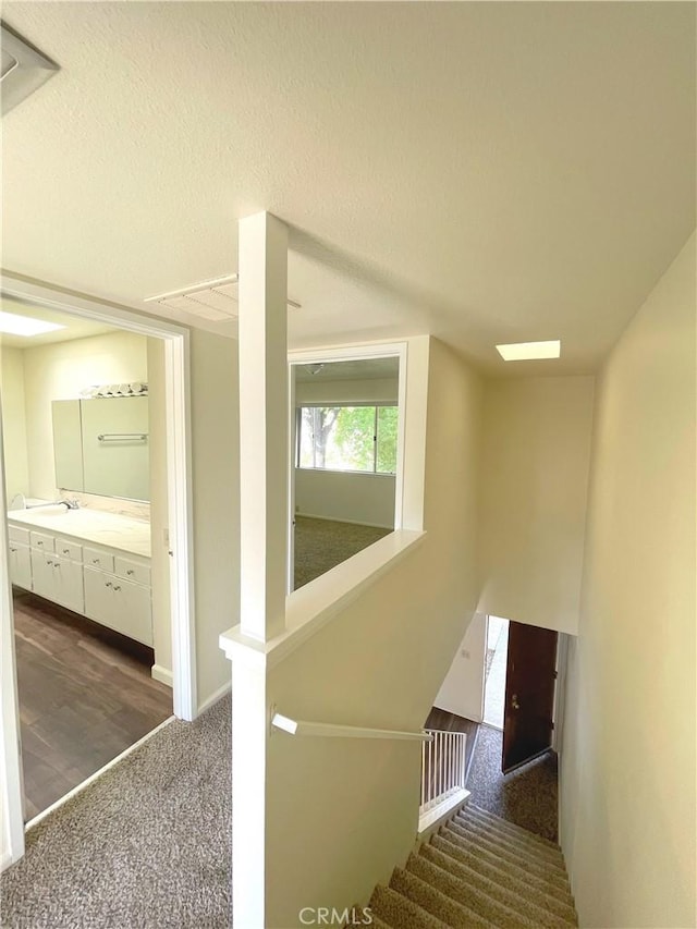 stairs featuring a textured ceiling and carpet floors