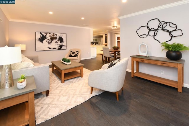 living room featuring crown molding and hardwood / wood-style floors