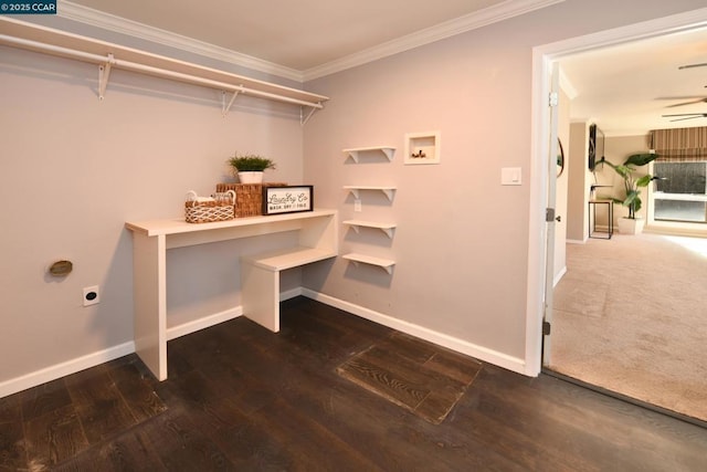 laundry area featuring dark wood-type flooring, washer hookup, ornamental molding, and electric dryer hookup