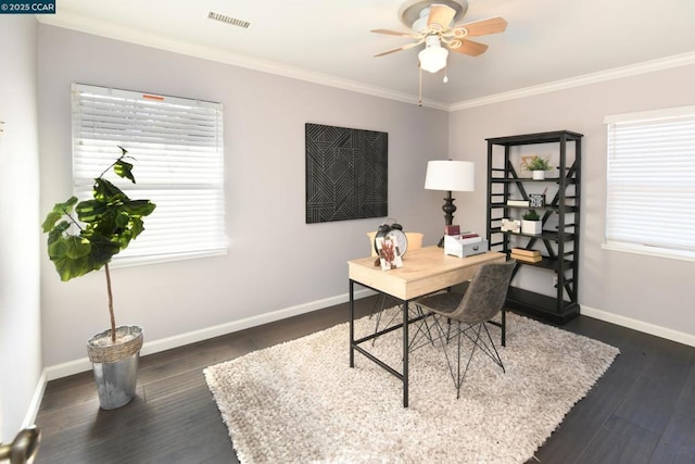 office space with ceiling fan, dark hardwood / wood-style flooring, and ornamental molding