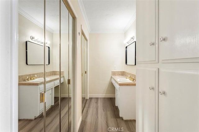 bathroom featuring wood-type flooring, vanity, and crown molding