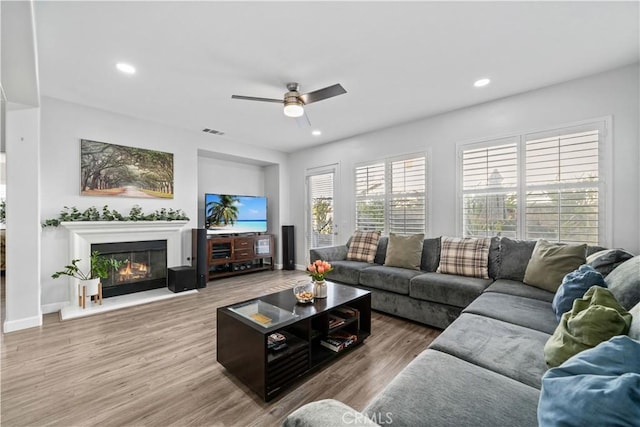 living room with hardwood / wood-style flooring and ceiling fan