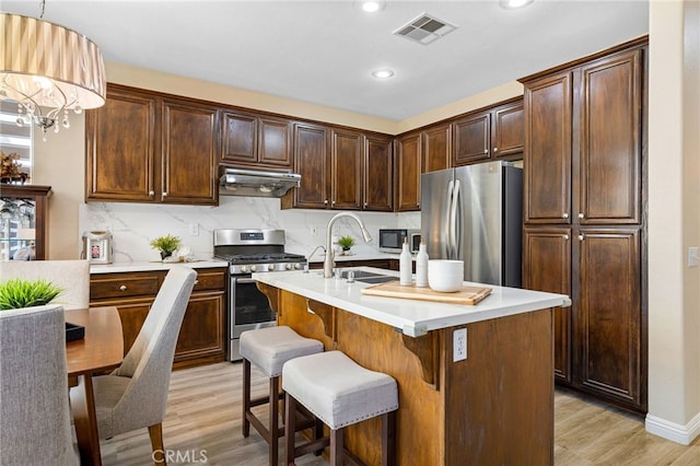 kitchen with stainless steel appliances, a kitchen island with sink, a chandelier, light hardwood / wood-style flooring, and sink