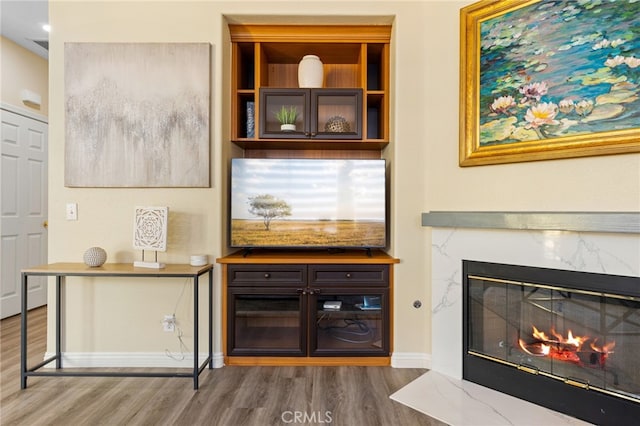 interior space with wood-type flooring and a high end fireplace