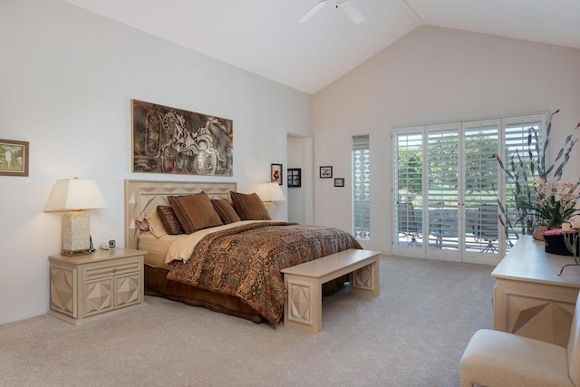 bedroom with ceiling fan, light carpet, high vaulted ceiling, and access to outside