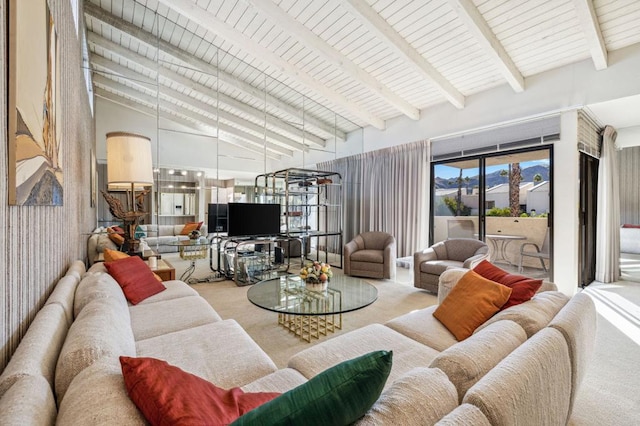 living room featuring light carpet, wood ceiling, beam ceiling, and high vaulted ceiling