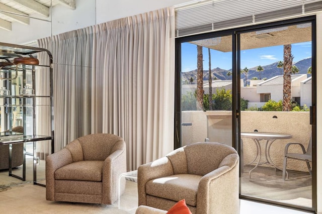 sitting room featuring a mountain view