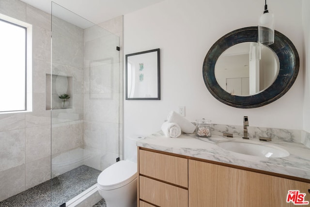 bathroom with toilet, vanity, and tiled shower