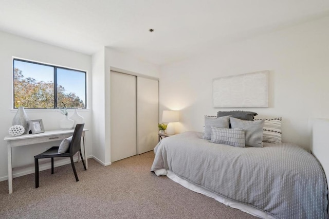 bedroom featuring light colored carpet and a closet