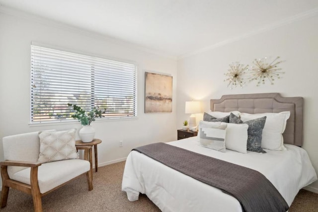 carpeted bedroom with ornamental molding