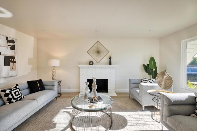 living room featuring light wood-type flooring and a fireplace