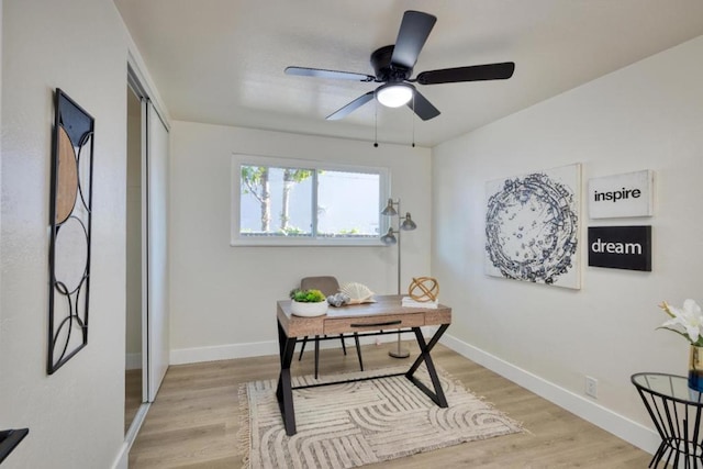 office area with ceiling fan and light hardwood / wood-style flooring