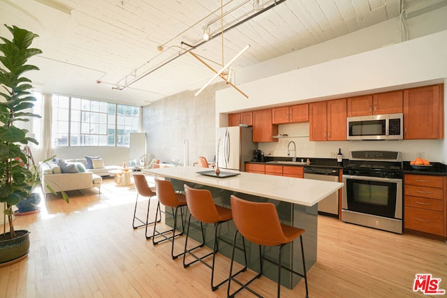 kitchen featuring light wood-type flooring, appliances with stainless steel finishes, an island with sink, and sink