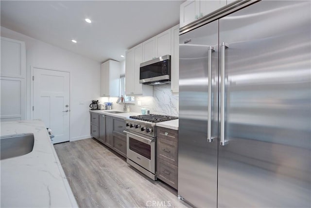 kitchen featuring lofted ceiling, backsplash, sink, white cabinetry, and premium appliances