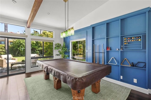 recreation room with pool table, beamed ceiling, wood finished floors, and baseboards