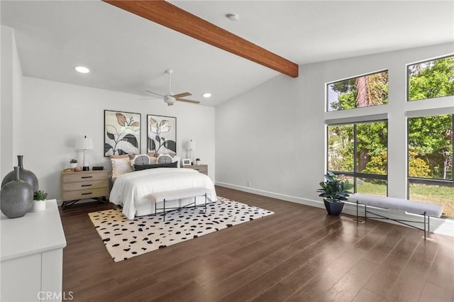 bedroom with lofted ceiling with beams, baseboards, wood finished floors, and recessed lighting