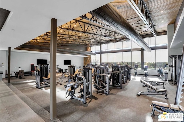 gym featuring a towering ceiling and expansive windows