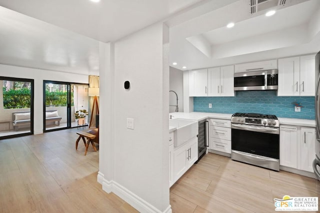 kitchen with white cabinetry, appliances with stainless steel finishes, backsplash, a tray ceiling, and sink