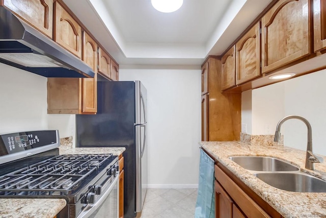 kitchen featuring appliances with stainless steel finishes, sink, a tray ceiling, and light stone counters