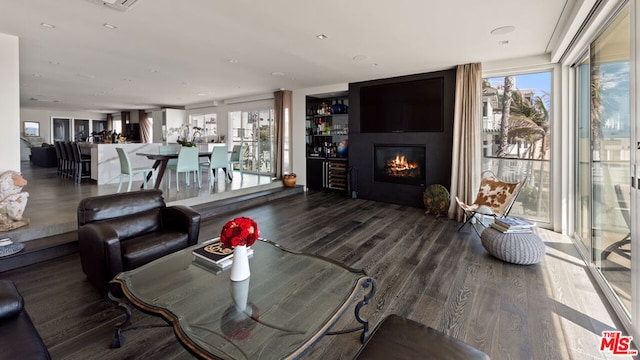 living room featuring a fireplace and dark hardwood / wood-style floors