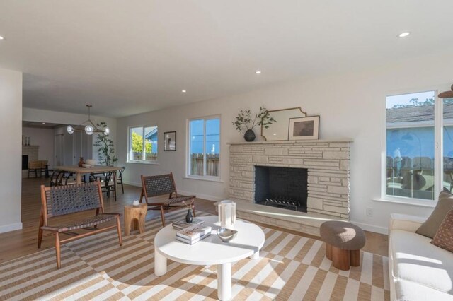 living room featuring a fireplace and light hardwood / wood-style floors