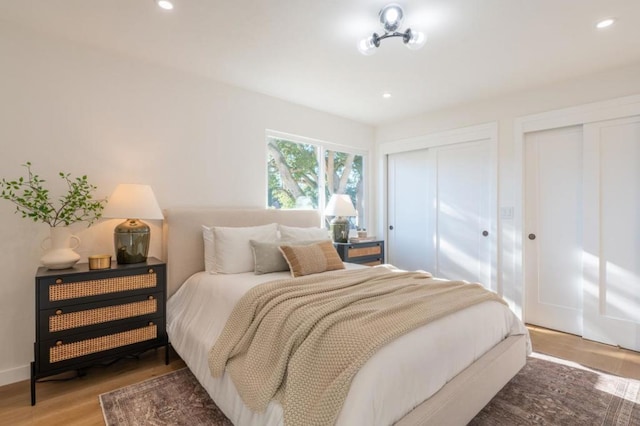 bedroom with multiple closets and wood-type flooring