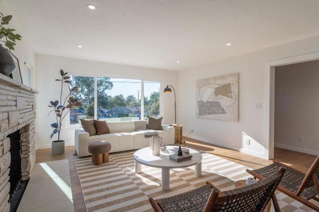 living room with a fireplace