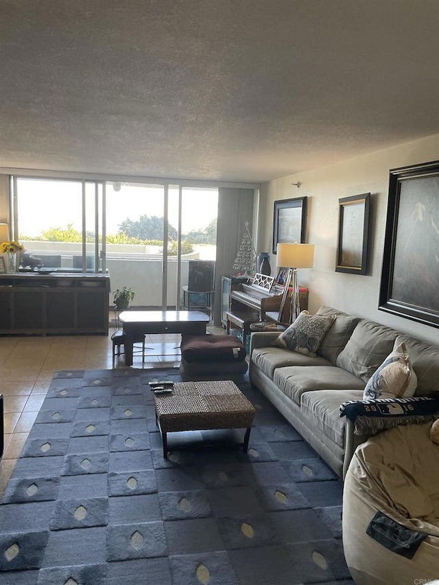 tiled living room with a textured ceiling