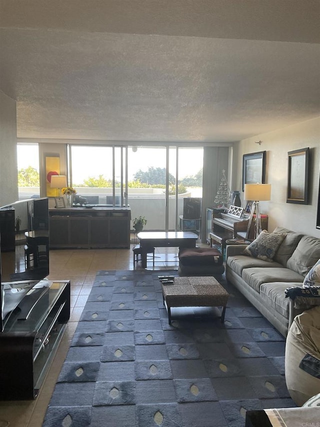 tiled living room with a textured ceiling