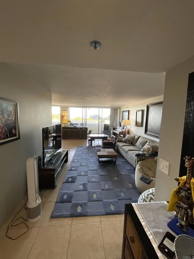 living room featuring light tile patterned flooring