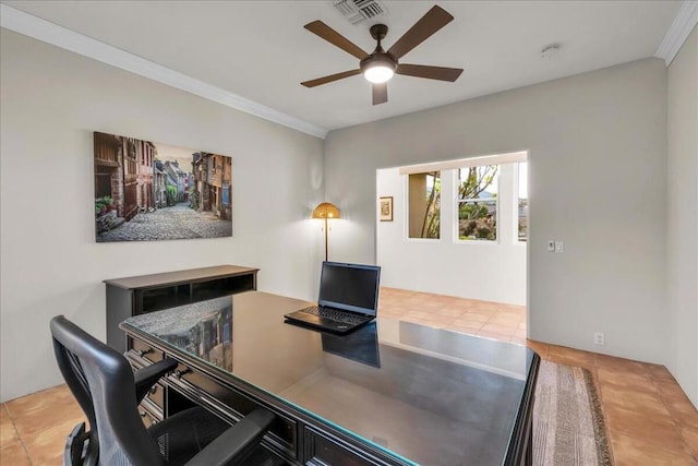 tiled home office with ornamental molding and ceiling fan