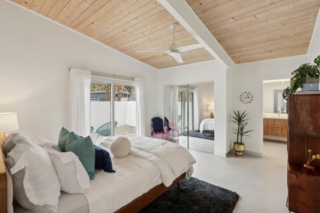 bedroom featuring wood ceiling, ceiling fan, connected bathroom, access to exterior, and lofted ceiling