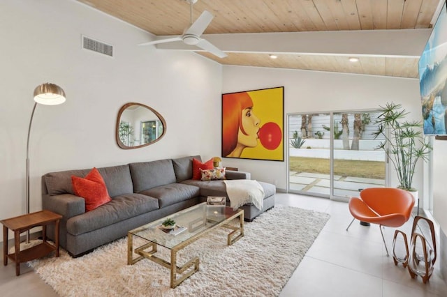 living room featuring ceiling fan, wood ceiling, and lofted ceiling with beams