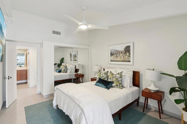 bedroom with ceiling fan and a closet