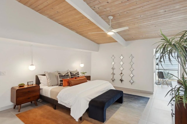 tiled bedroom with ceiling fan, wooden ceiling, and vaulted ceiling with beams