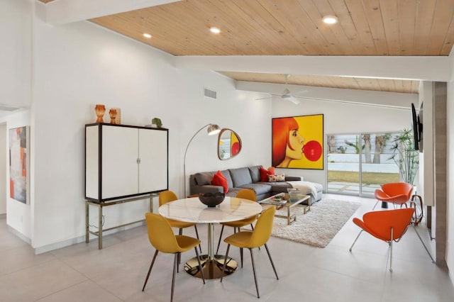 living room with ceiling fan, vaulted ceiling with beams, and wood ceiling