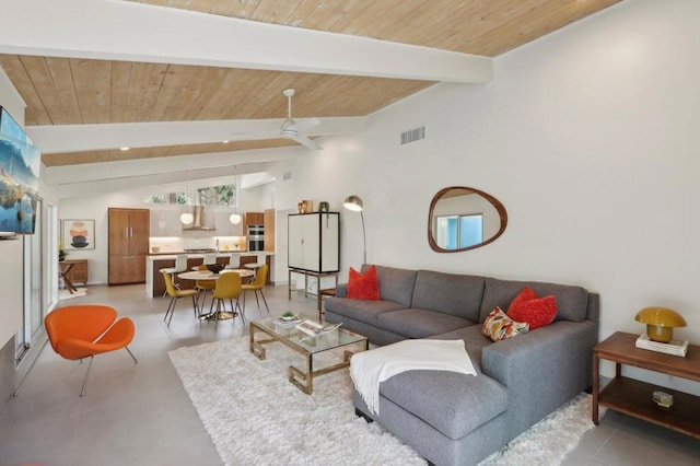 living room featuring ceiling fan, high vaulted ceiling, beam ceiling, and wood ceiling