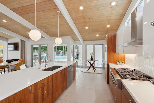 kitchen featuring appliances with stainless steel finishes, wood ceiling, sink, ventilation hood, and beam ceiling