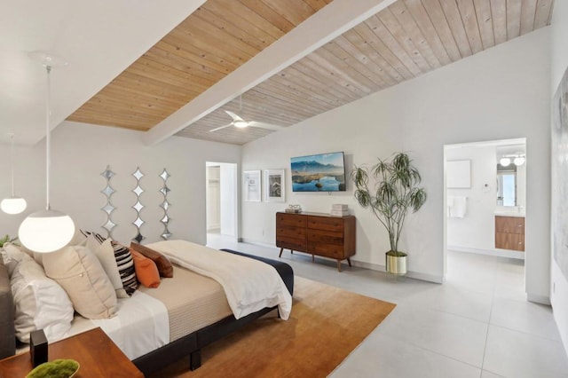 bedroom featuring ensuite bath, beam ceiling, and wooden ceiling