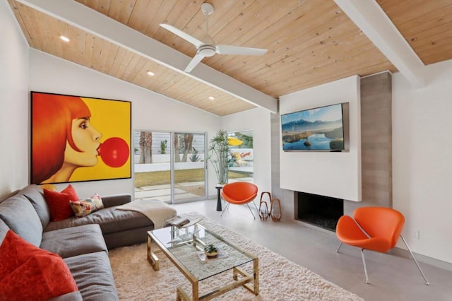 living room with ceiling fan, lofted ceiling with beams, and wood ceiling