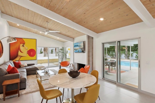 dining room featuring ceiling fan, wood ceiling, and vaulted ceiling with beams