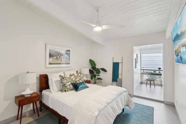 tiled bedroom featuring ceiling fan, wooden ceiling, and lofted ceiling with beams