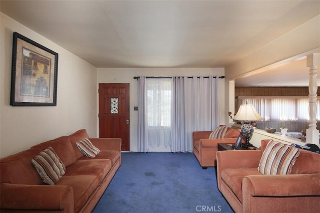 carpeted living area featuring a wealth of natural light and ornate columns