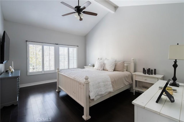 bedroom with ceiling fan, dark hardwood / wood-style flooring, and lofted ceiling with beams