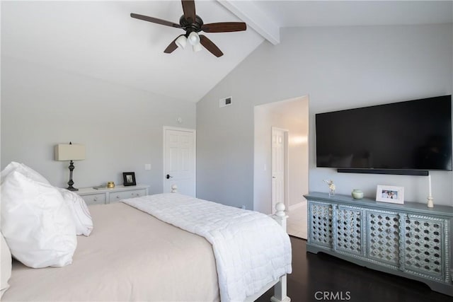 bedroom featuring ceiling fan, dark hardwood / wood-style flooring, beamed ceiling, and high vaulted ceiling