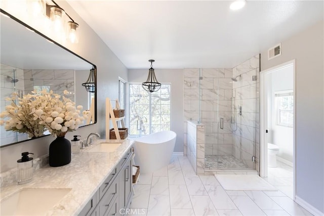 full bathroom featuring toilet, vanity, and shower with separate bathtub