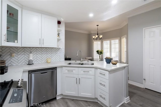 kitchen with white cabinetry, stainless steel dishwasher, kitchen peninsula, and sink